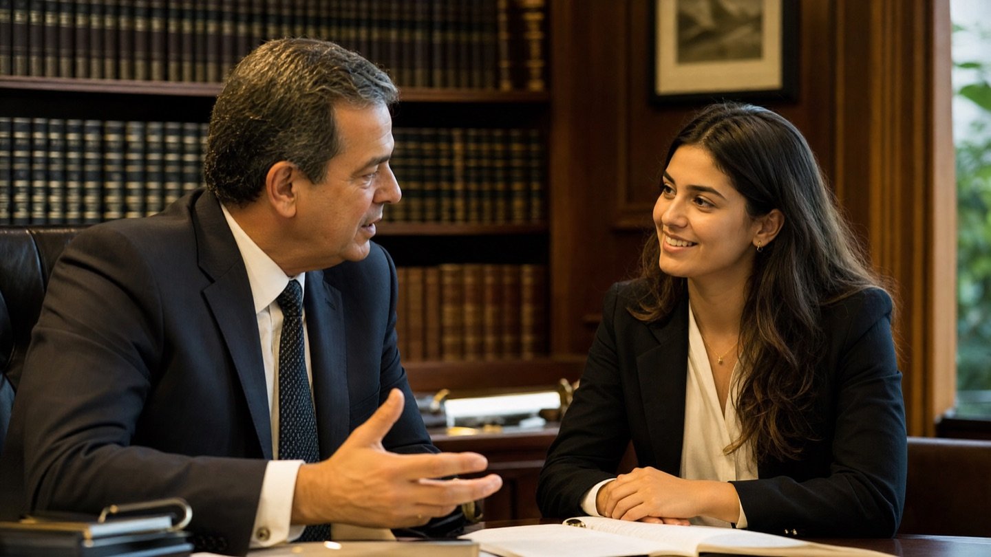 Advogado orientando um estudante de Direito sobre a carreira