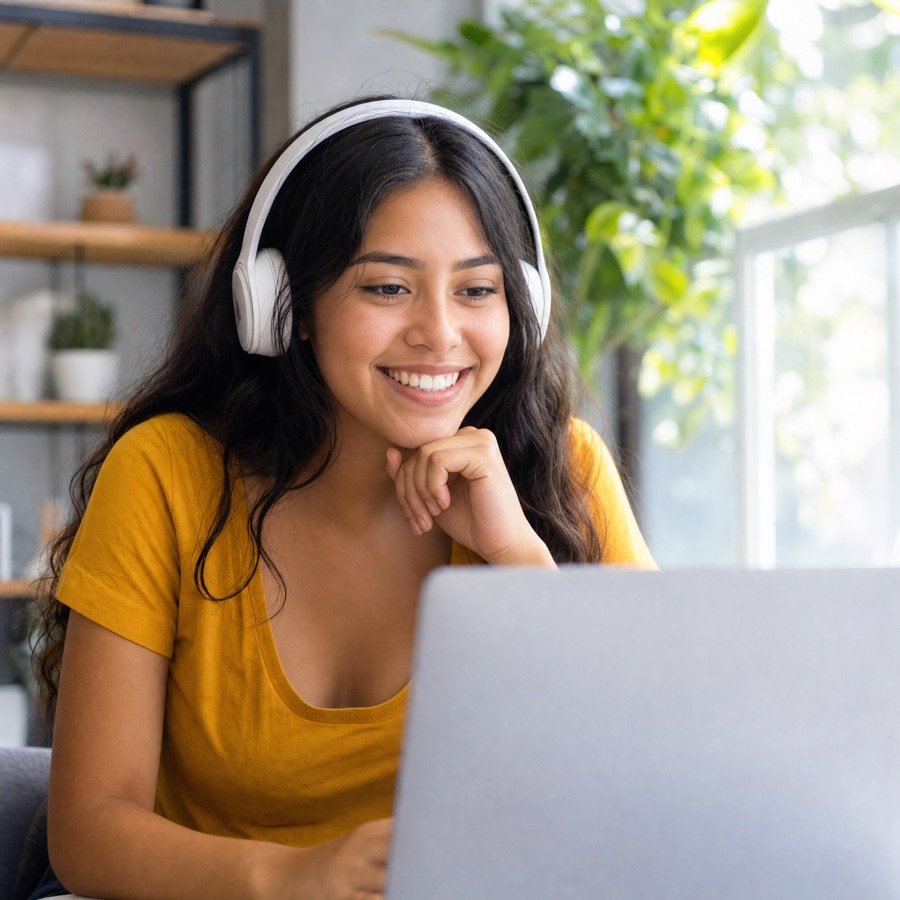 Aluna sorrindo em uma sessão de mentoria por vídeo, de fones de ouvido diante do notebook